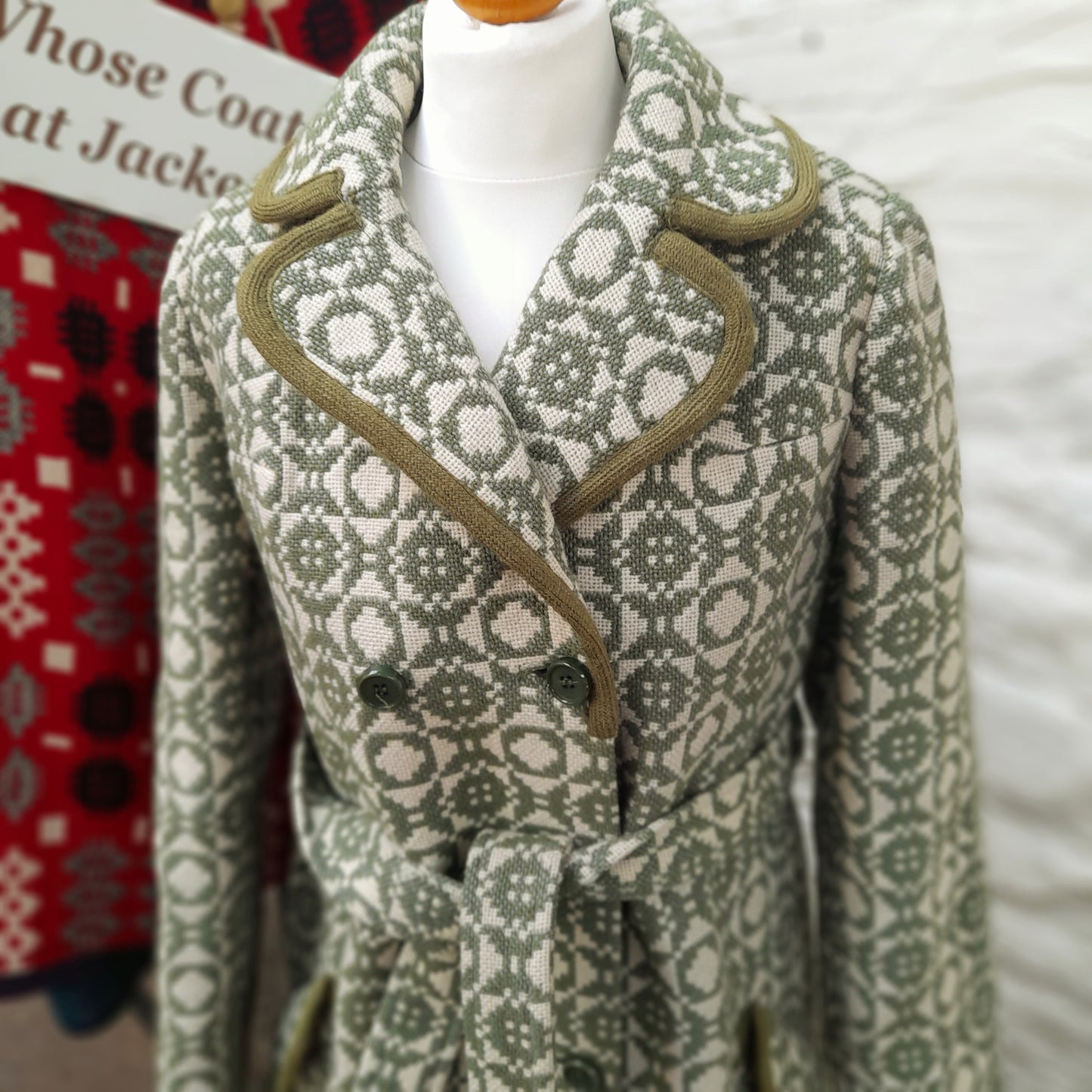 Vintage Welsh Wool Tapestry Belted Coat in Sage Green & Cream