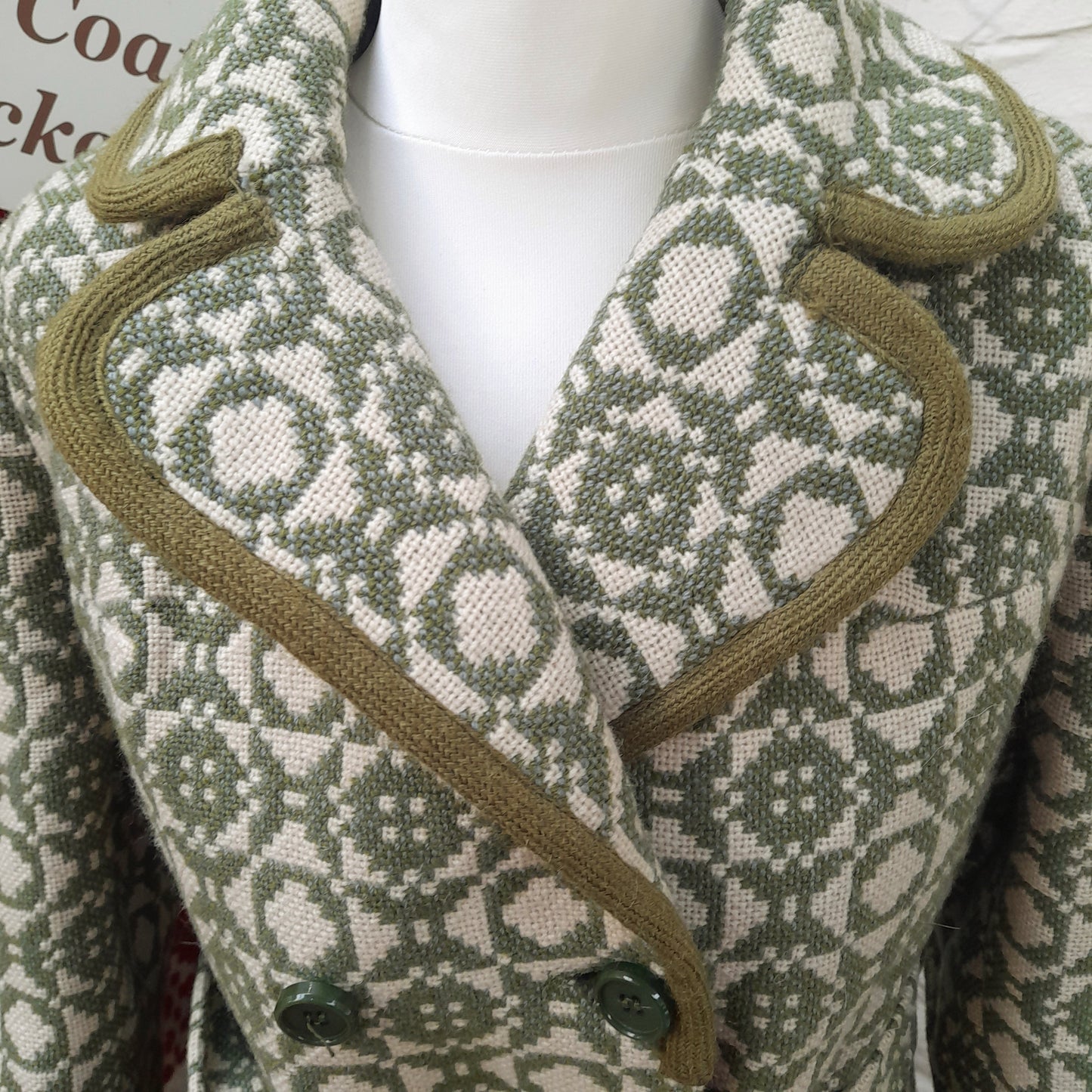 Vintage Welsh Wool Tapestry Belted Coat in Sage Green & Cream