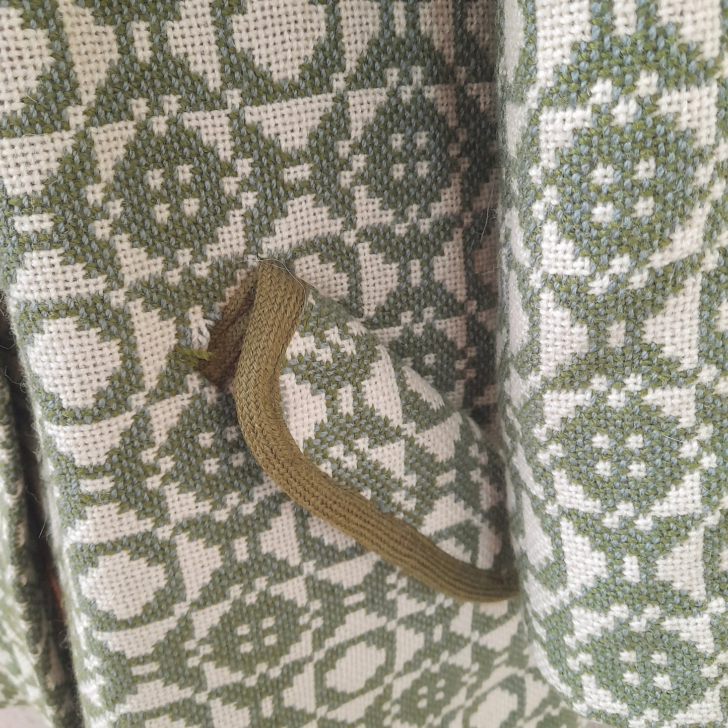 Vintage Welsh Wool Tapestry Belted Coat in Sage Green & Cream