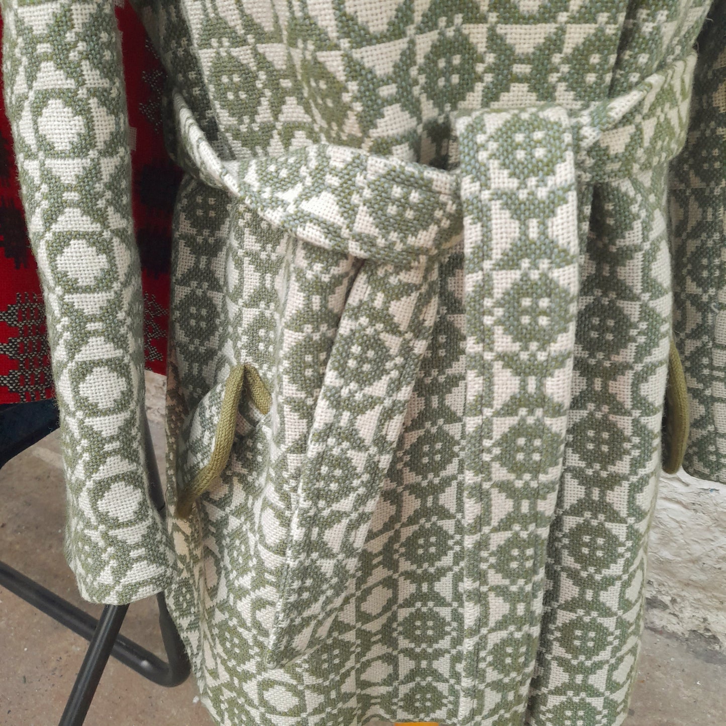 Vintage Welsh Wool Tapestry Belted Coat in Sage Green & Cream