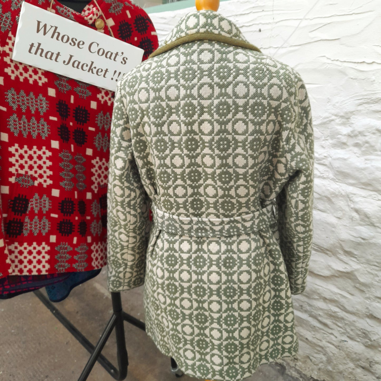 Vintage Welsh Wool Tapestry Belted Coat in Sage Green & Cream