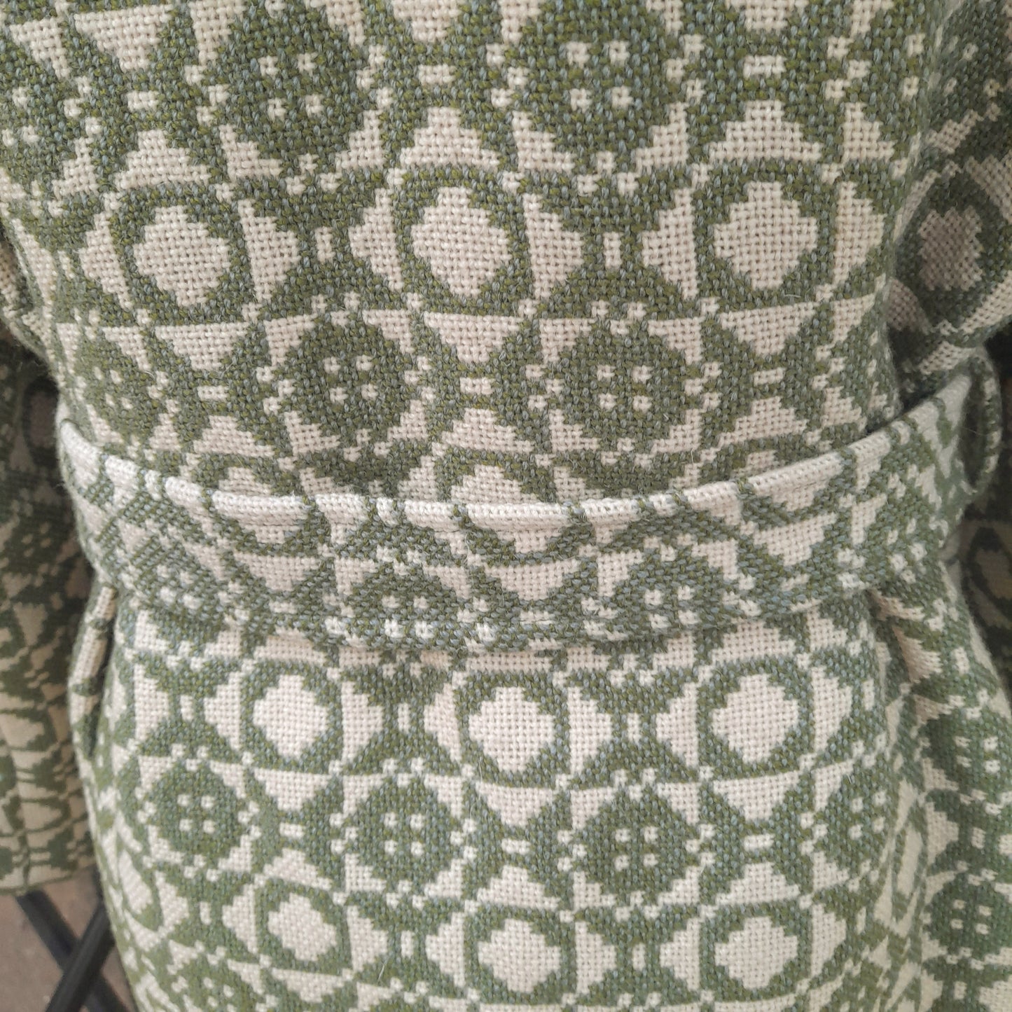 Vintage Welsh Wool Tapestry Belted Coat in Sage Green & Cream