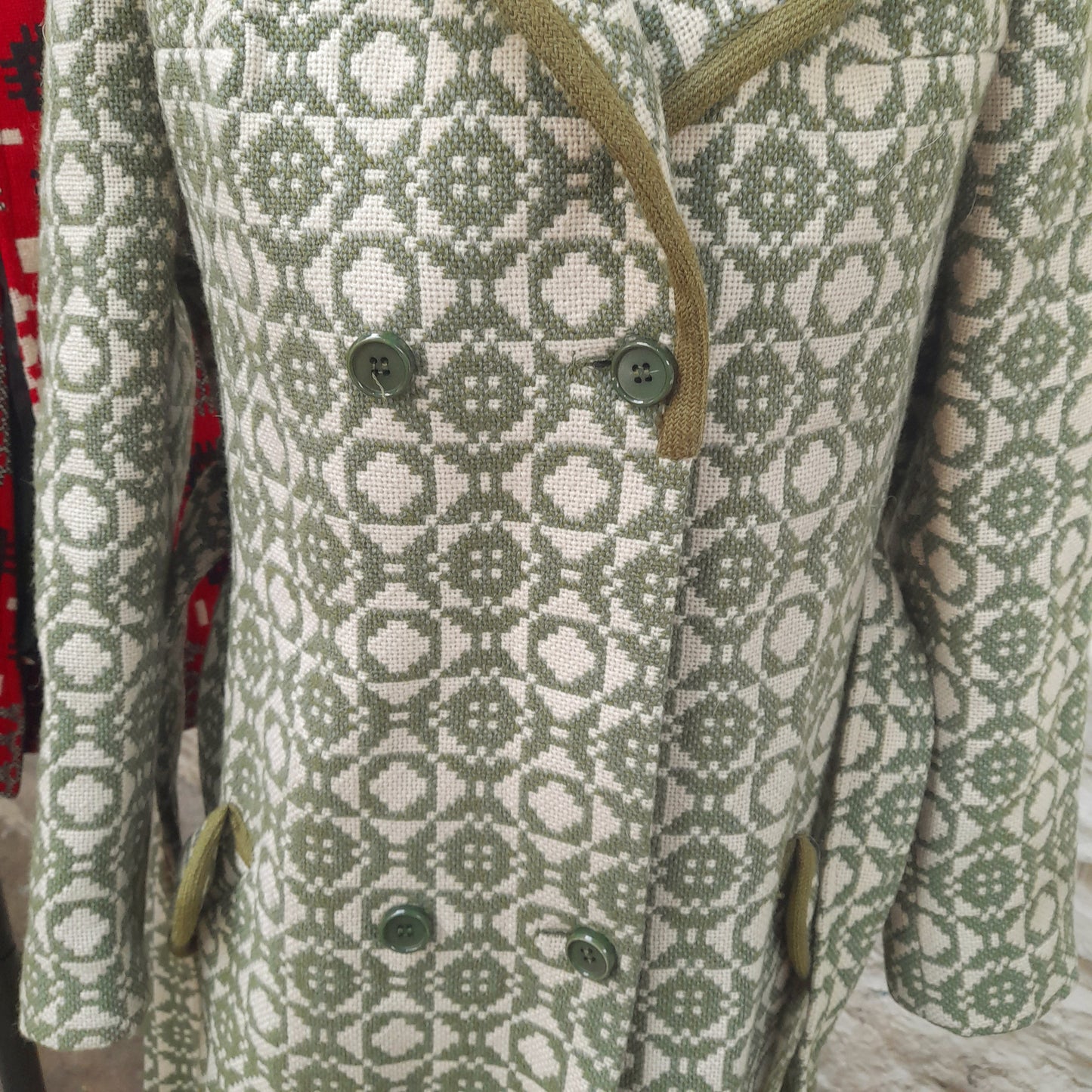 Vintage Welsh Wool Tapestry Belted Coat in Sage Green & Cream