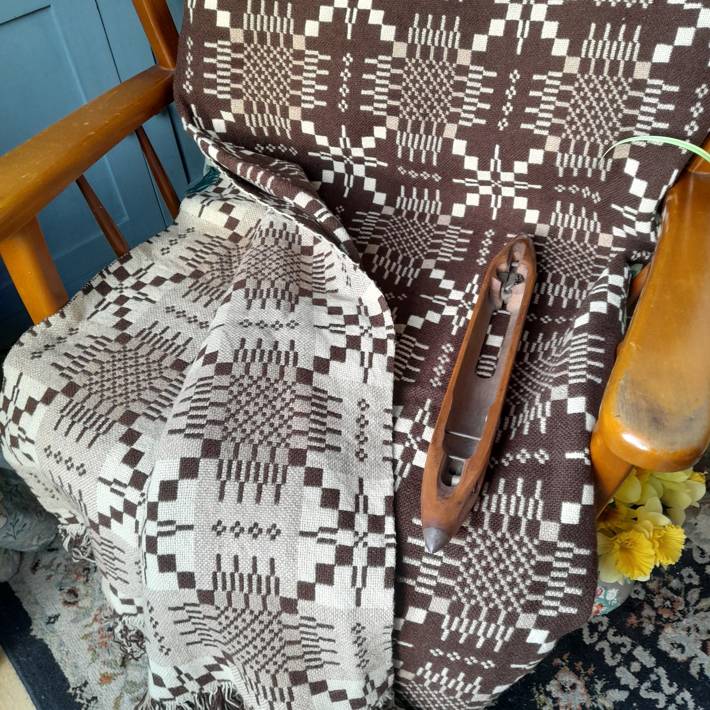 Vintage Welsh Tapestry Blanket in Chocolate Brown & Cream King Size