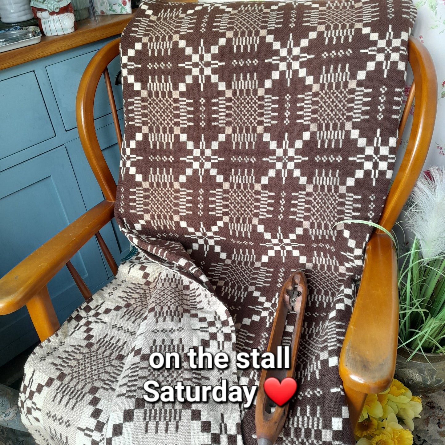 Vintage Welsh Tapestry Blanket in Chocolate Brown & Cream King Size