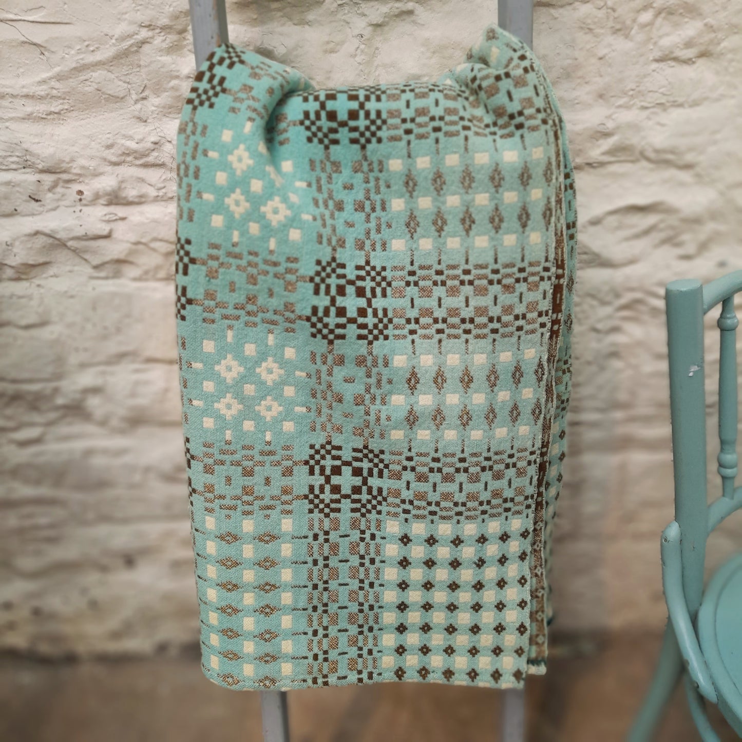 Antique Welsh Tapestry Blanket in pale Aqua Brown & Cream