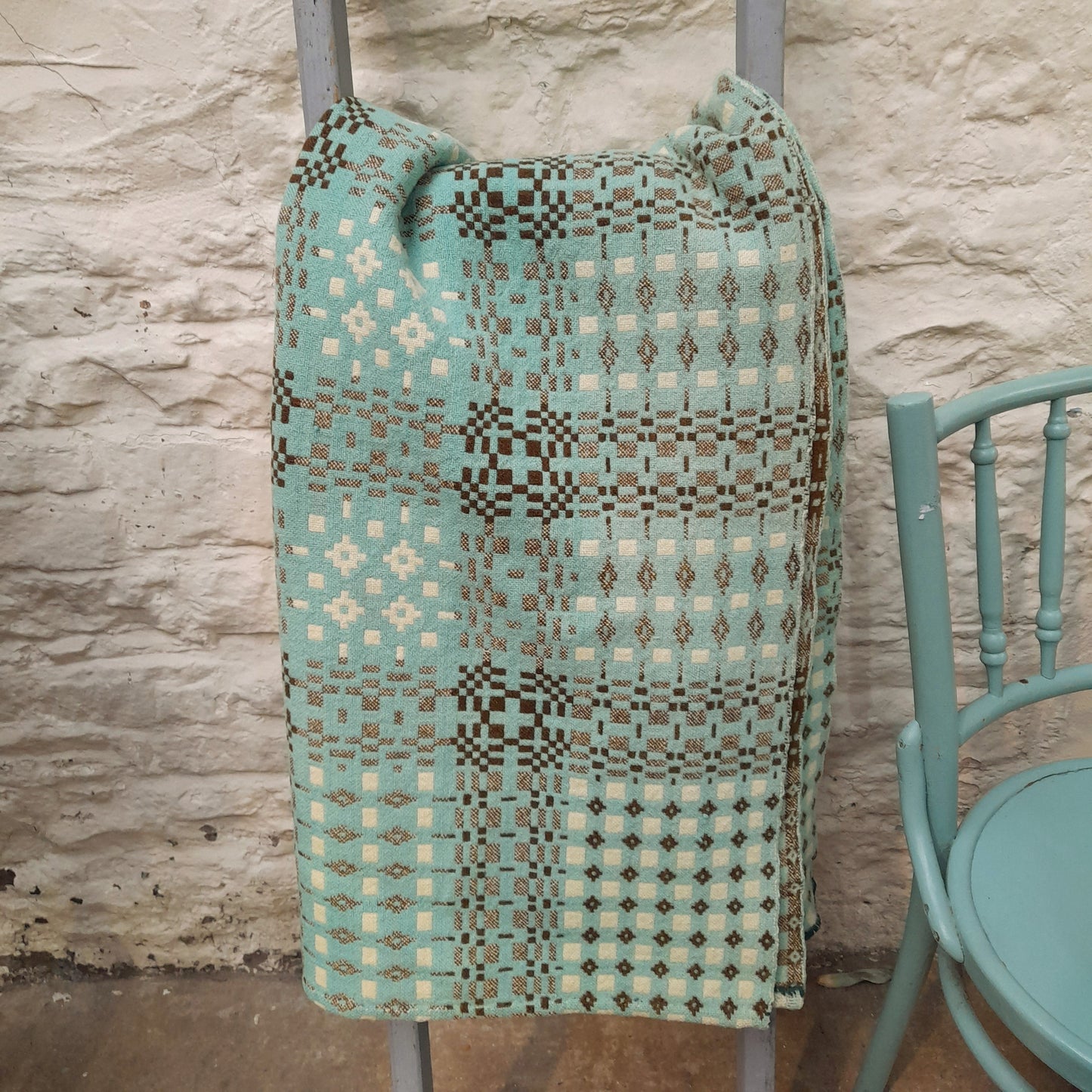 Antique Welsh Tapestry Blanket in pale Aqua Brown & Cream