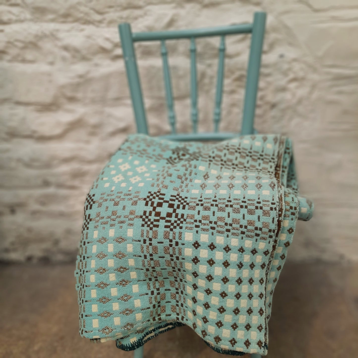 Antique Welsh Tapestry Blanket in pale Aqua Brown & Cream