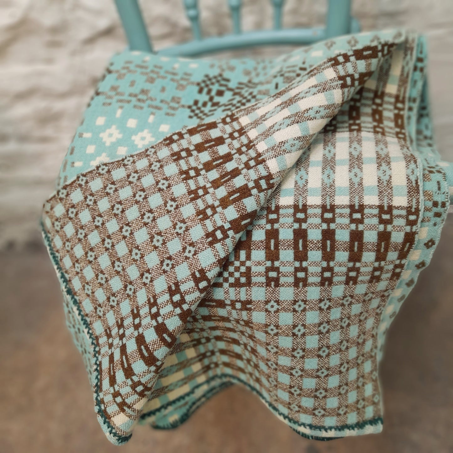Antique Welsh Tapestry Blanket in pale Aqua Brown & Cream