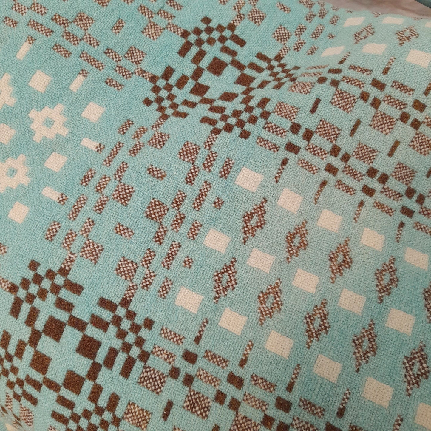Antique Welsh Tapestry Blanket in pale Aqua Brown & Cream