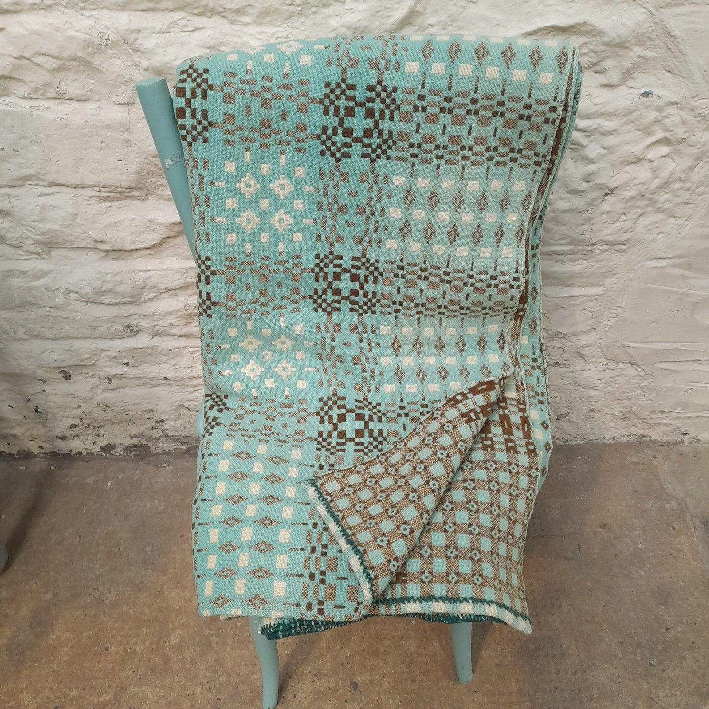 Antique Welsh Tapestry Blanket in pale Aqua Brown & Cream
