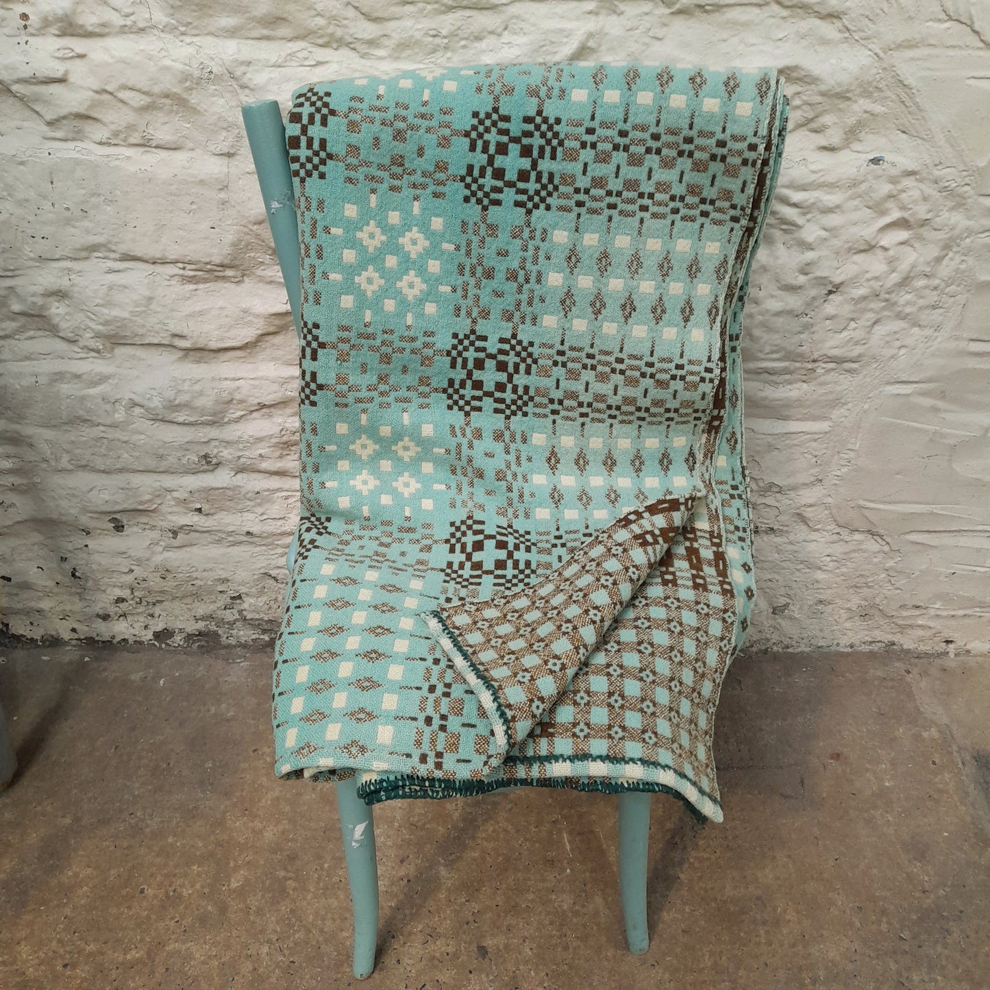 Antique Welsh Tapestry Blanket in pale Aqua Brown & Cream
