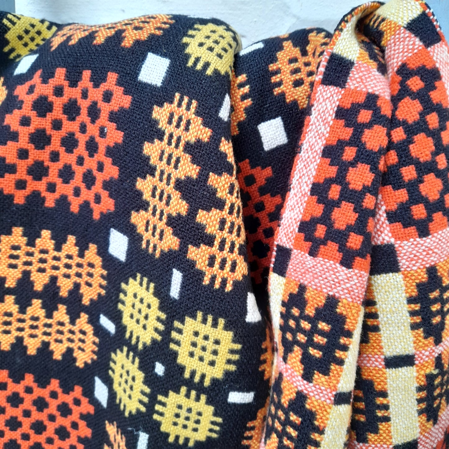 Vintage Welsh Wool Tapestry Blanket in Black & Orange