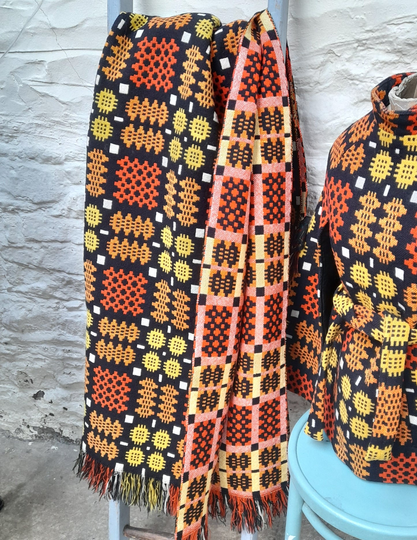 Vintage Welsh Wool Tapestry Blanket in Black & Orange