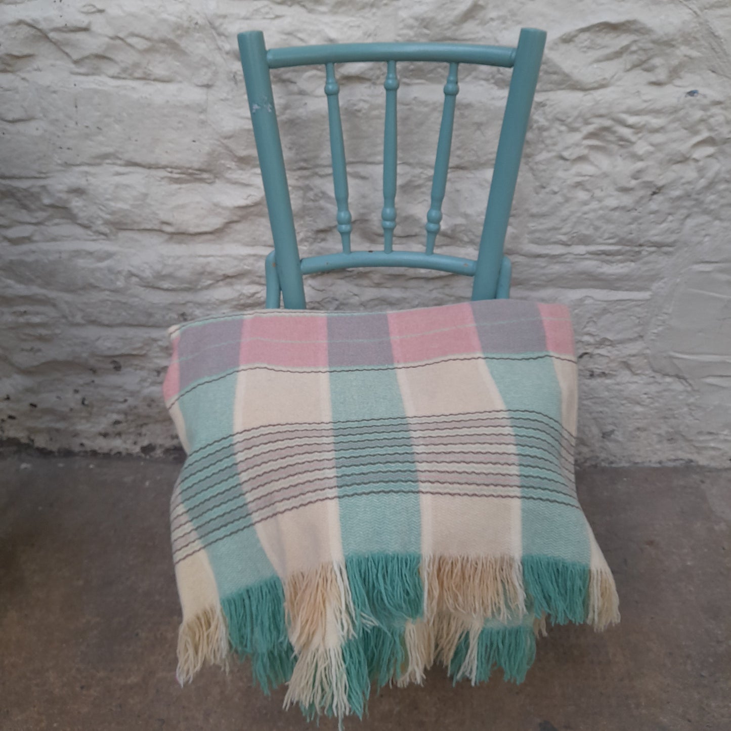 Welsh Blanket in Pale Duck Egg Blue, Pink & Cream Check