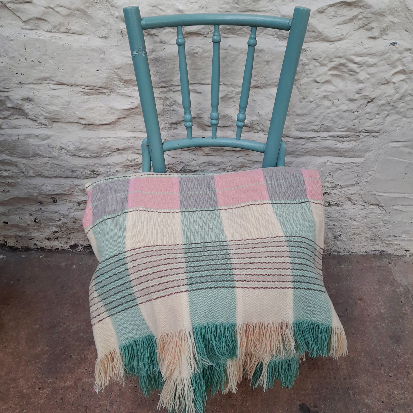 Welsh Blanket in Pale Duck Egg Blue, Pink & Cream Check