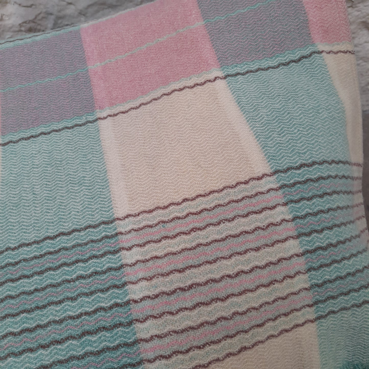 Welsh Blanket in Pale Duck Egg Blue, Pink & Cream Check