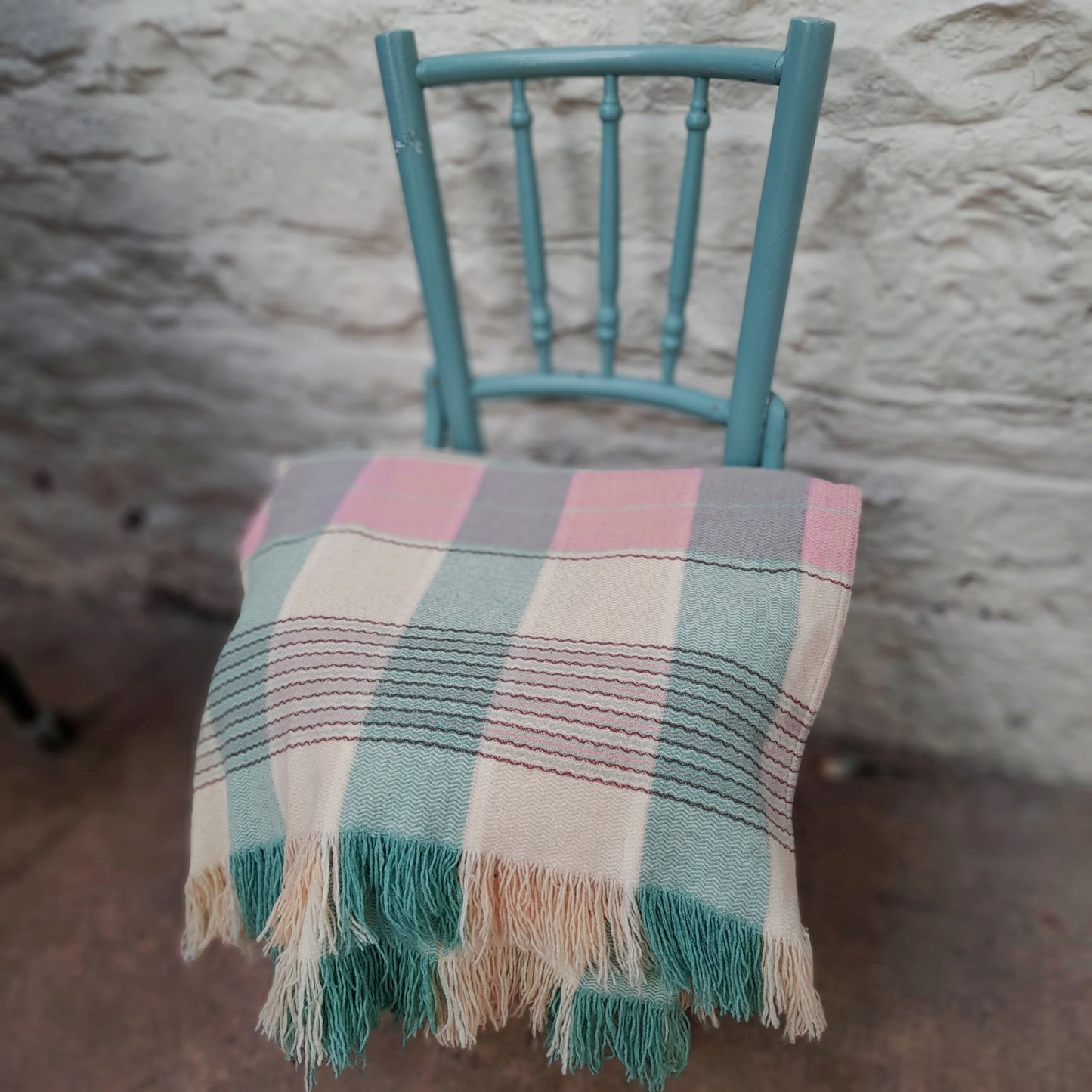 Welsh Blanket in Pale Duck Egg Blue, Pink & Cream Check