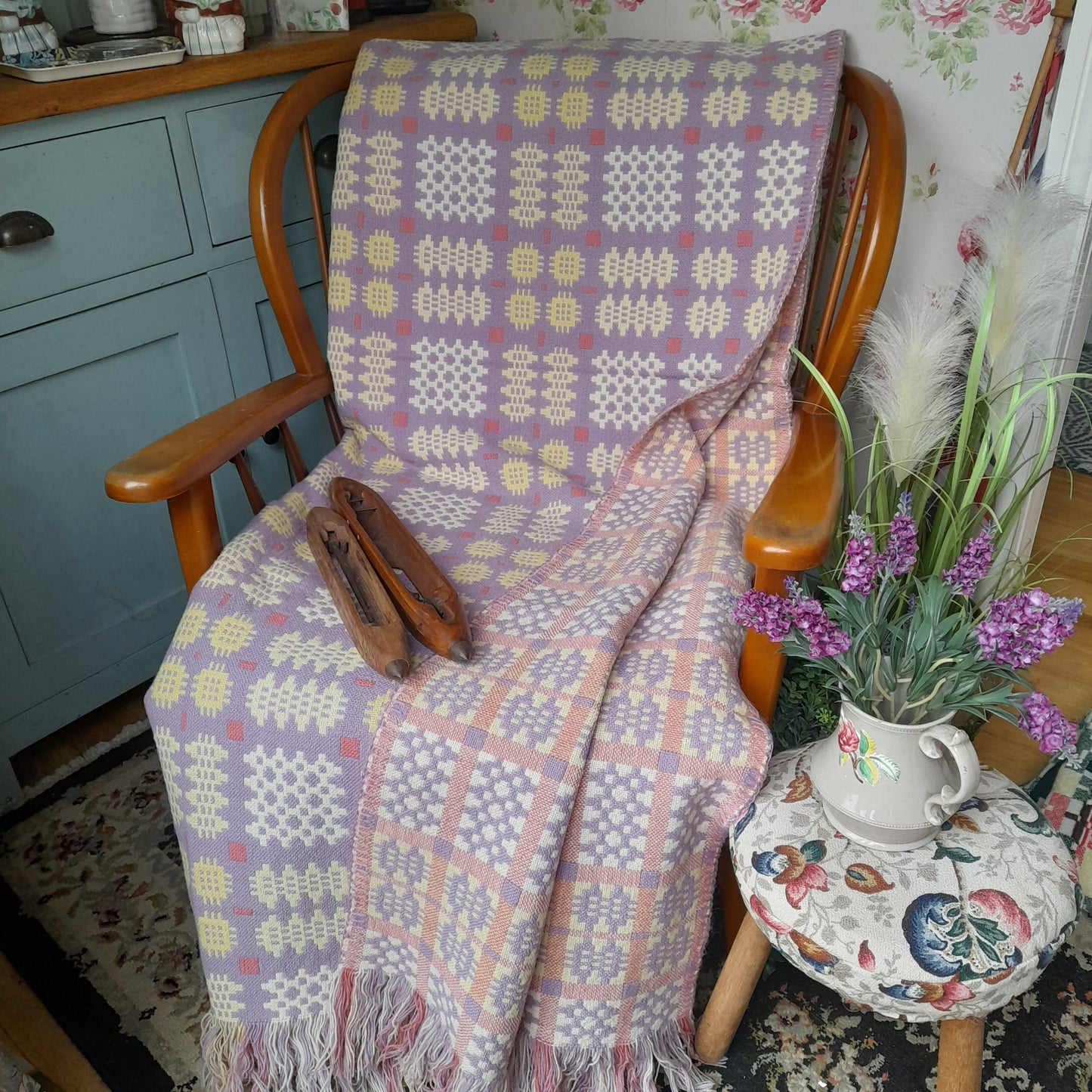 Welsh Blanket in Pale Lavender Yellow White & Pink