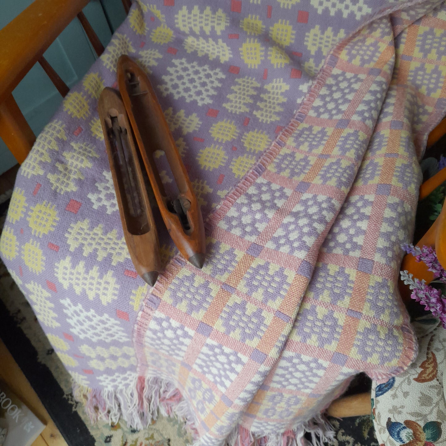 Welsh Blanket in Pale Lavender Yellow White & Pink