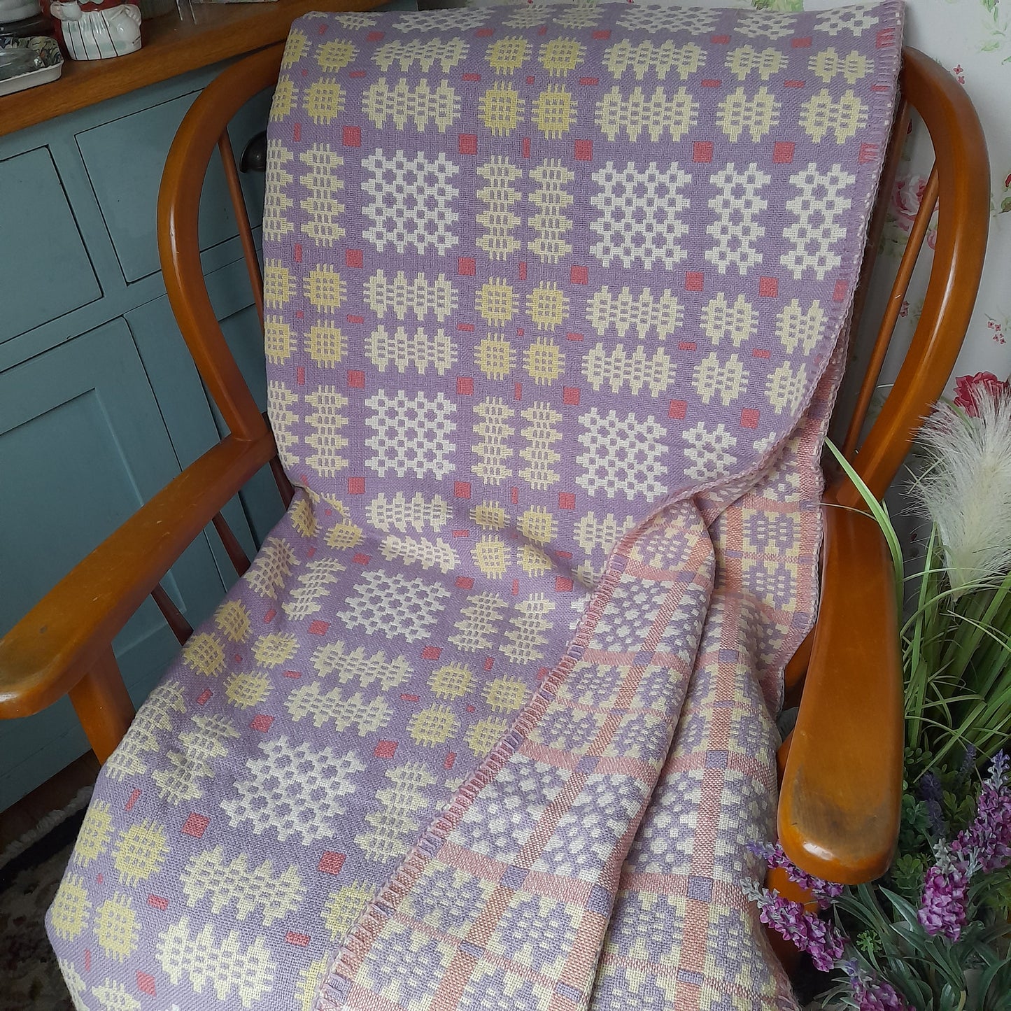 Welsh Blanket in Pale Lavender Yellow White & Pink