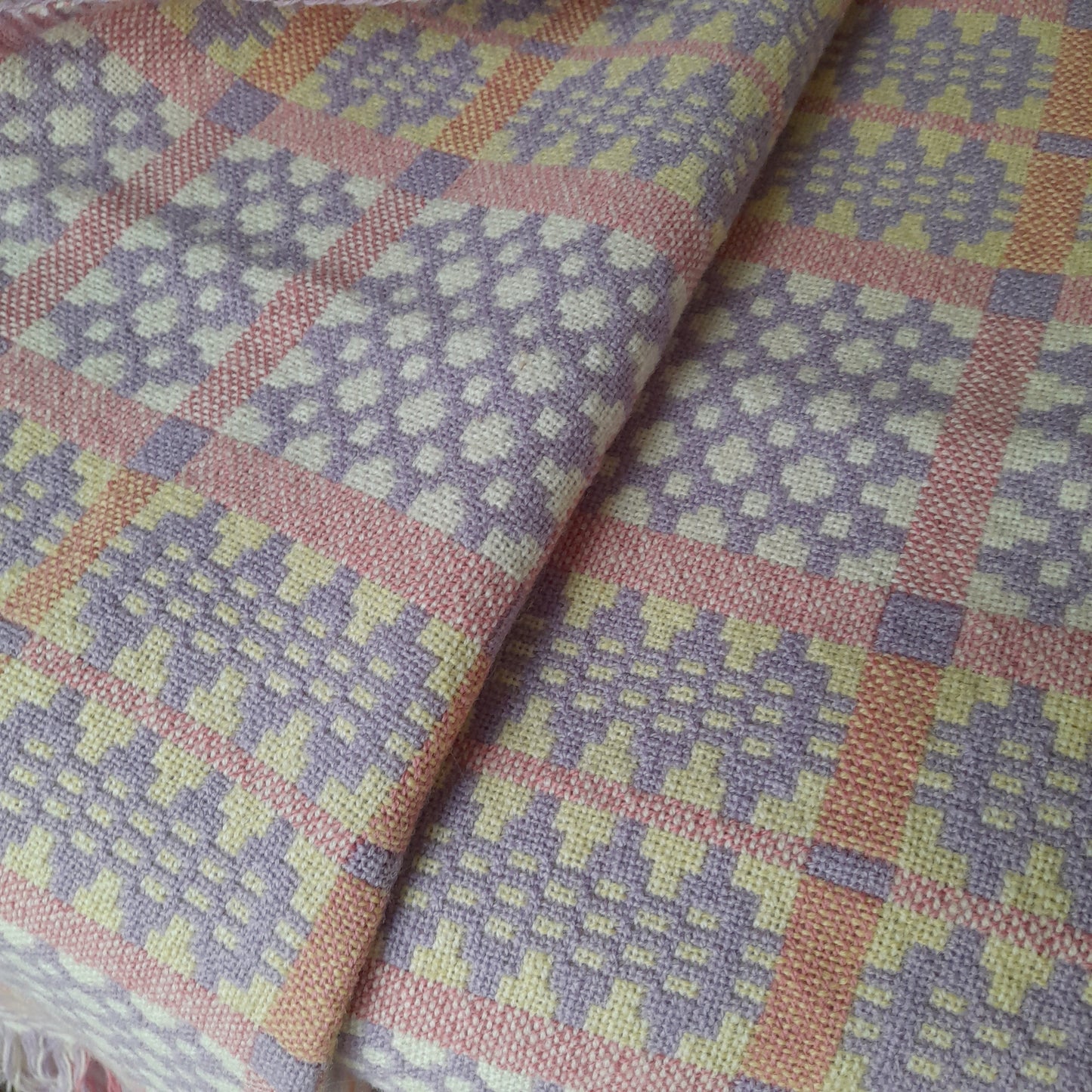 Welsh Blanket in Pale Lavender Yellow White & Pink