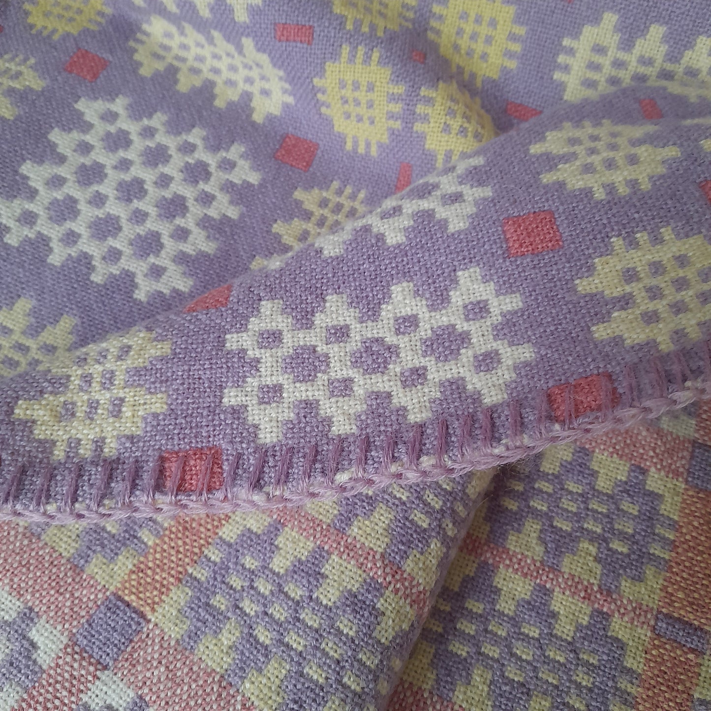 Welsh Blanket in Pale Lavender Yellow White & Pink