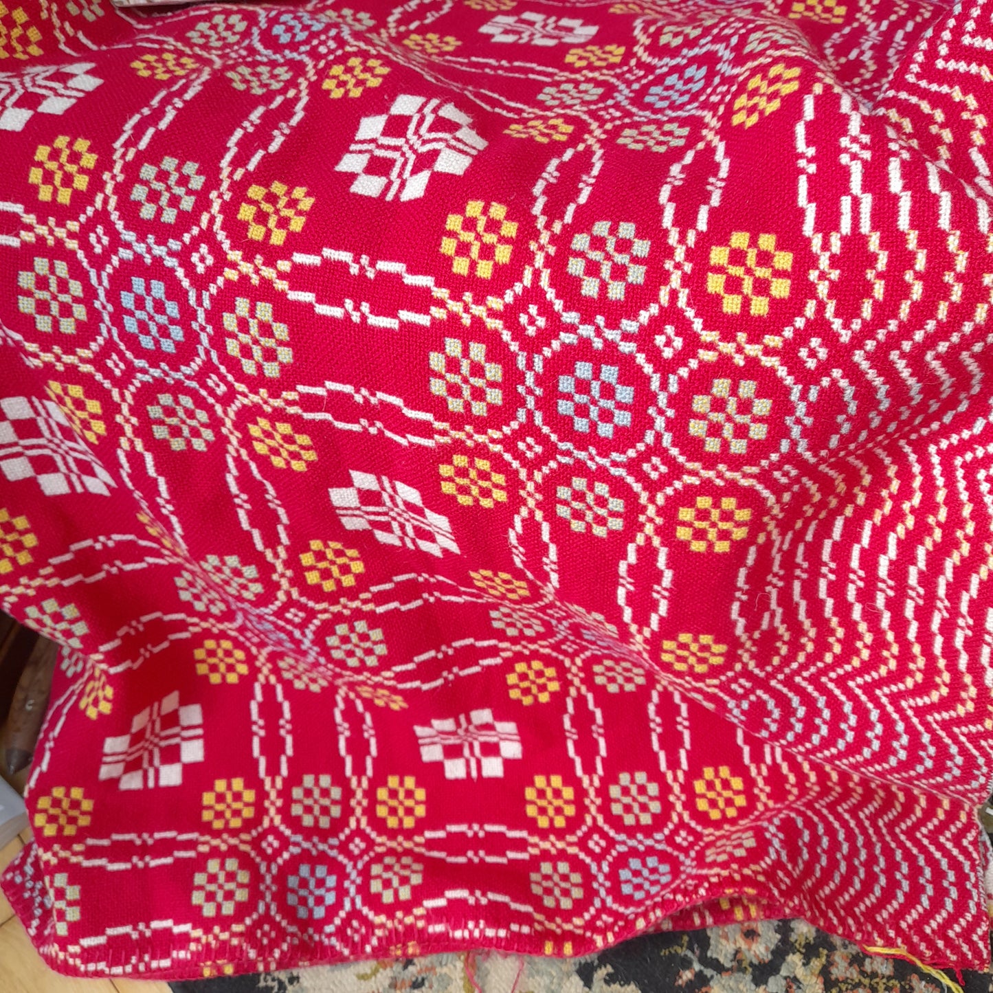 Welsh Blanket in Raspberry Pink, Aqua & Lemon in Peony Design