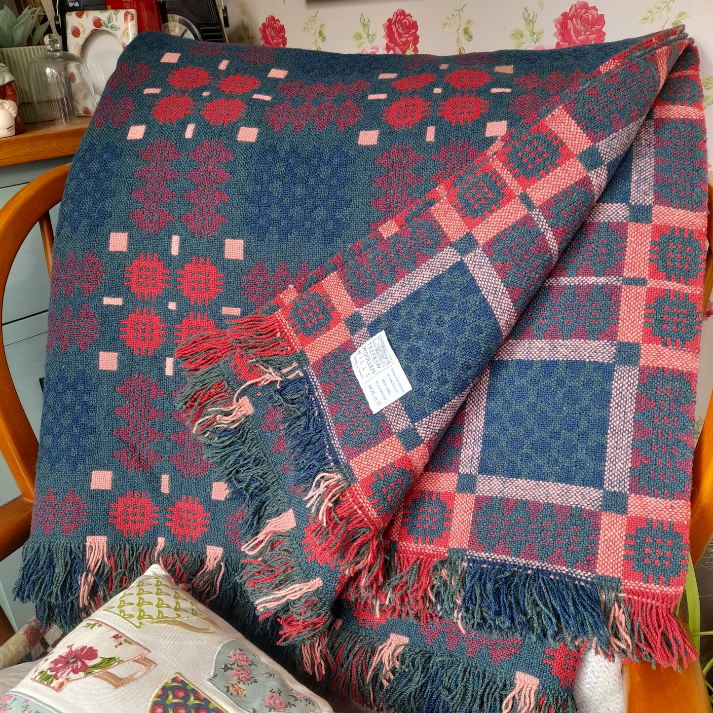 Vintage Welsh Tapestry Blanket in Blue Green Teal & Red Caernarfonshire