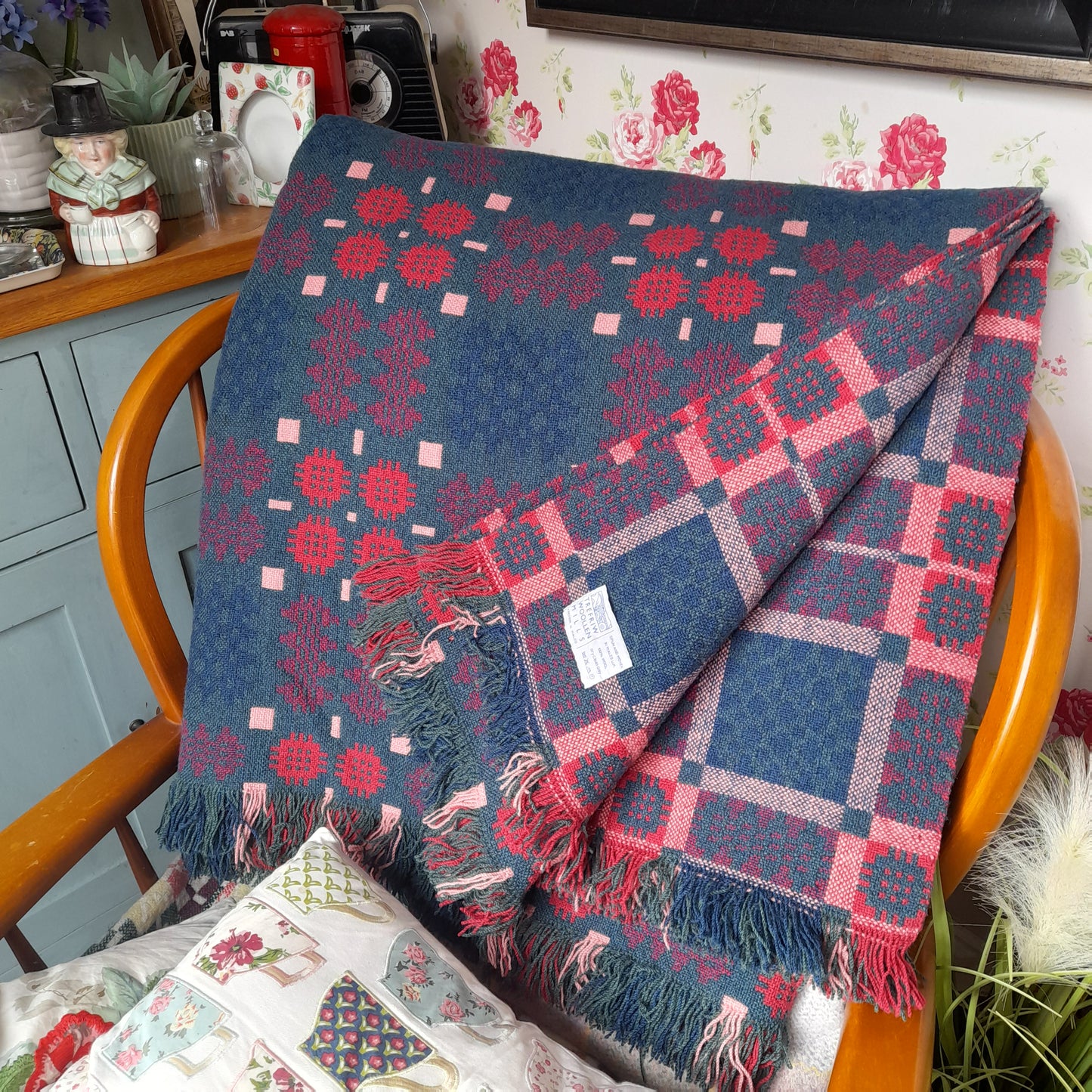 Vintage Welsh Tapestry Blanket in Blue Green Teal & Red Caernarfonshire