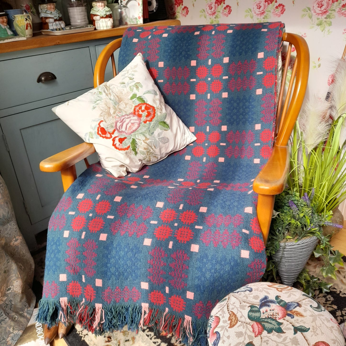Vintage Welsh Tapestry Blanket in Blue Green Teal & Red Caernarfonshire