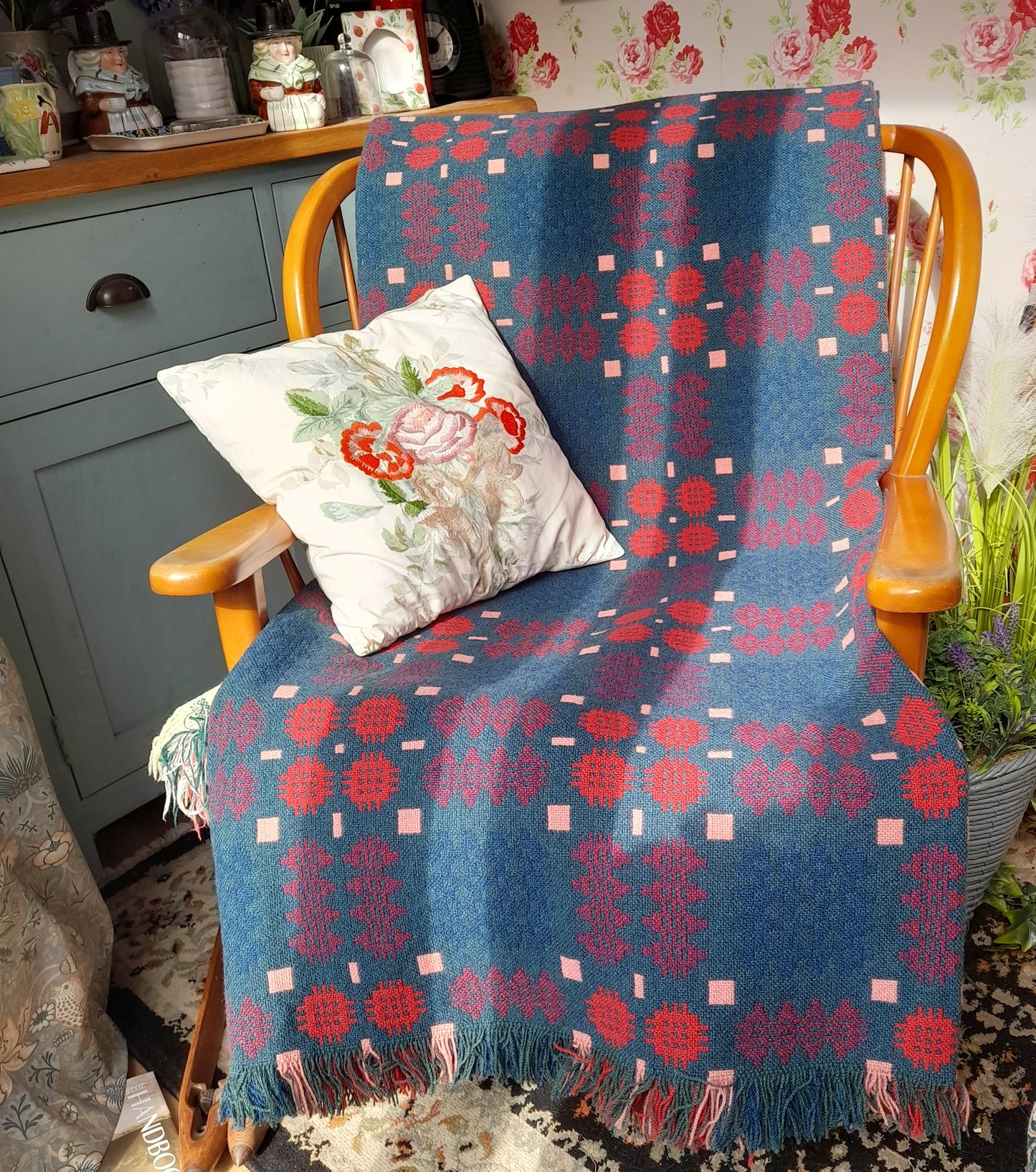 Vintage Welsh Tapestry Blanket in Blue Green Teal & Red Caernarfonshire