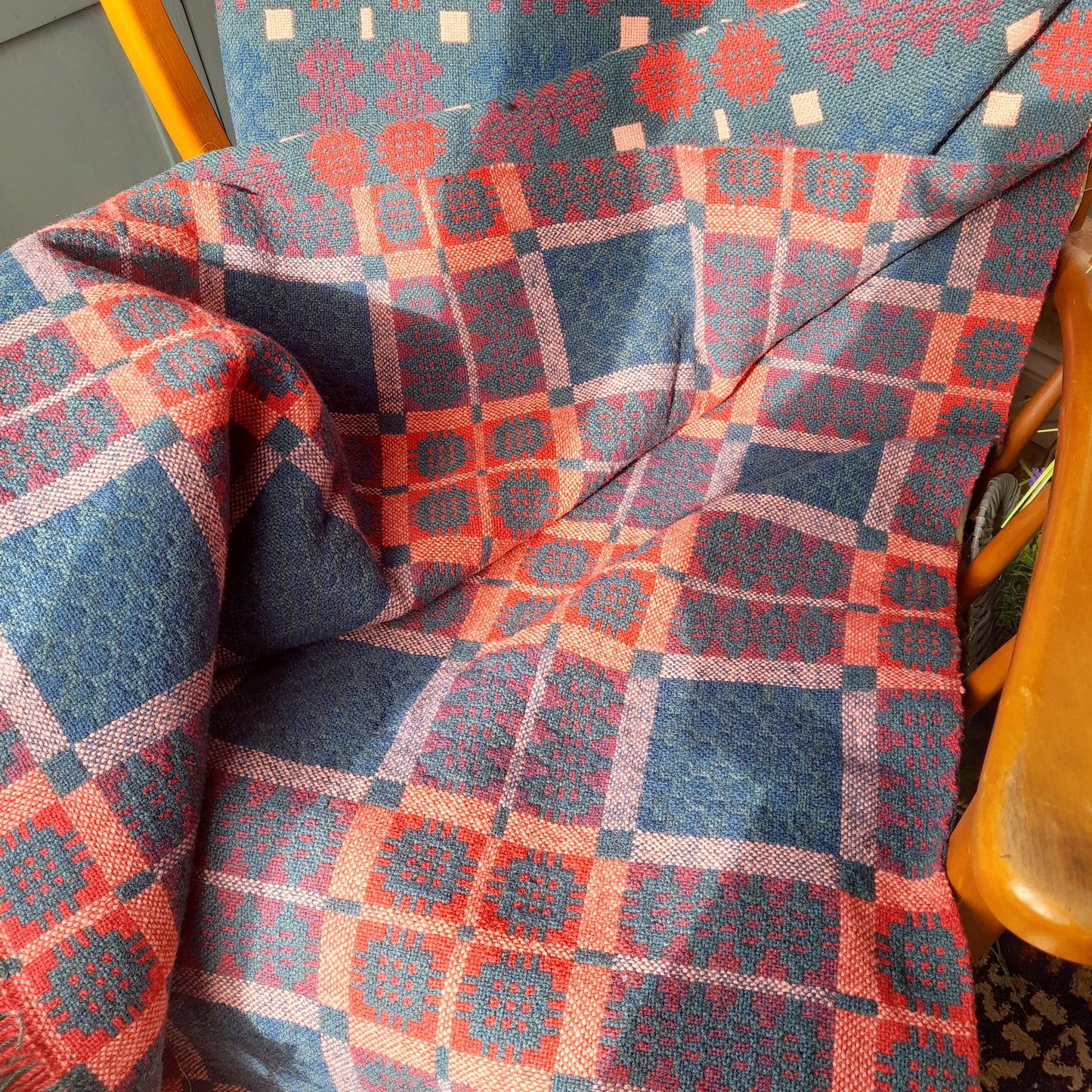 Vintage Welsh Tapestry Blanket in Blue Green Teal & Red Caernarfonshire