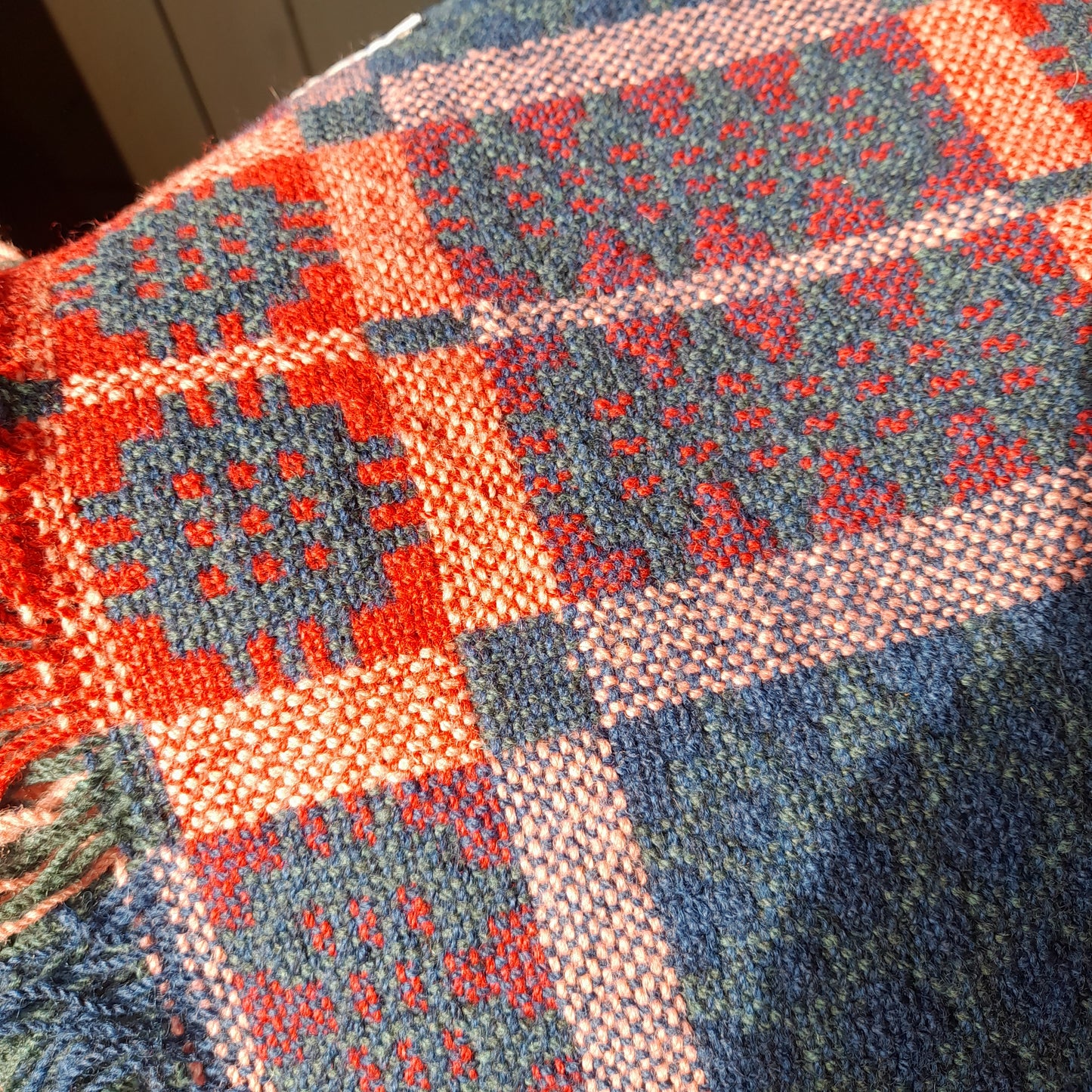 Vintage Welsh Tapestry Blanket in Blue Green Teal & Red Caernarfonshire