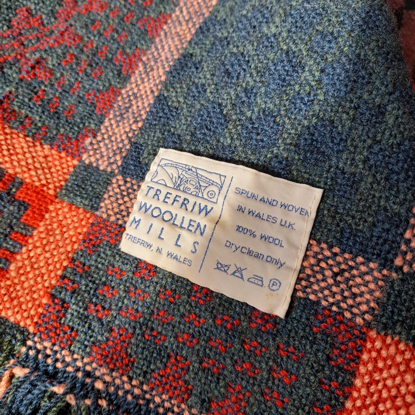 Vintage Welsh Tapestry Blanket in Blue Green Teal & Red Caernarfonshire