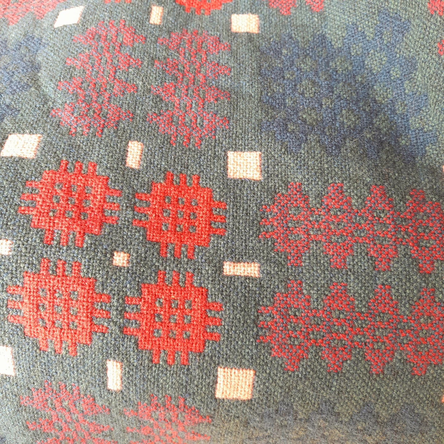 Vintage Welsh Tapestry Blanket in Blue Green Teal & Red Caernarfonshire