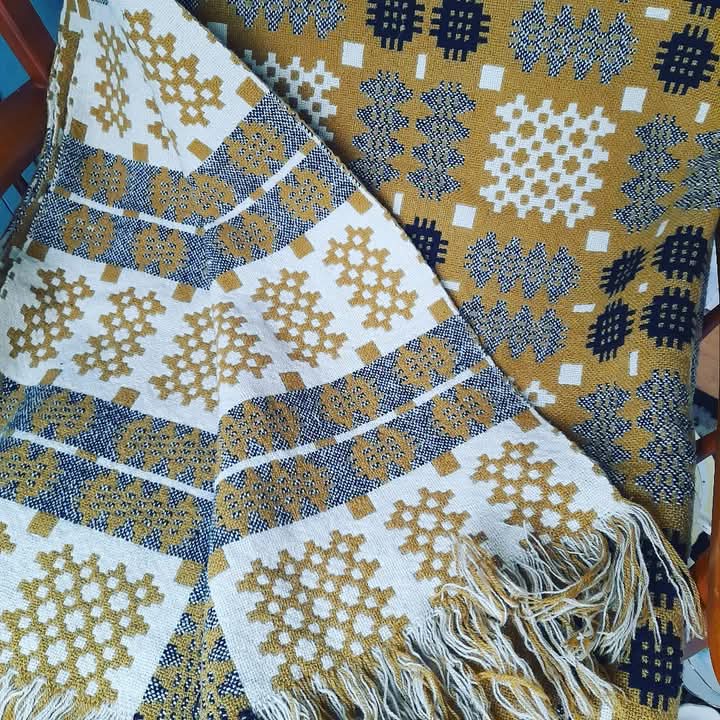 Welsh Blanket in Mustard Black & Cream Vintage King Size