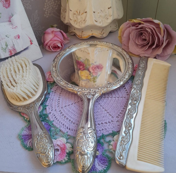 Antique silver dressing table mirror set