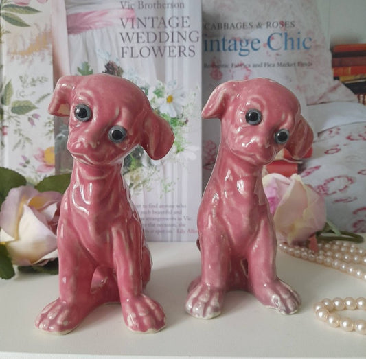 Vintage Pair Pink Ceramic Chinese Fire Dogs