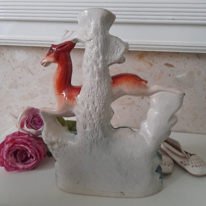 Antique Staffordshire Spill Vase With Running Stag & Dog