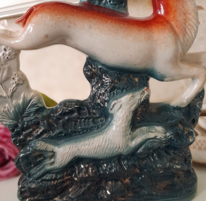 Antique Staffordshire Spill Vase With Running Stag & Dog