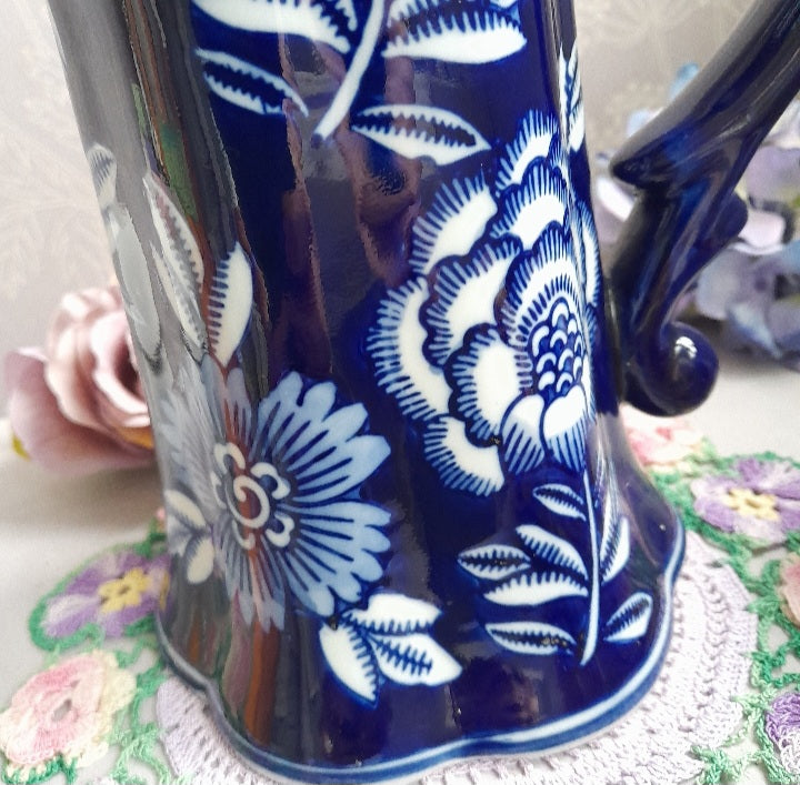 Art Nouveau Tall Jug in Navy Blue & White Floral 10 Inches