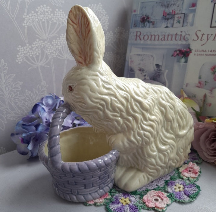 Darling 1960's Vintage Bunny Rabbit Figurine Planter With Lilac Basket, Kitsch Nursery Decor