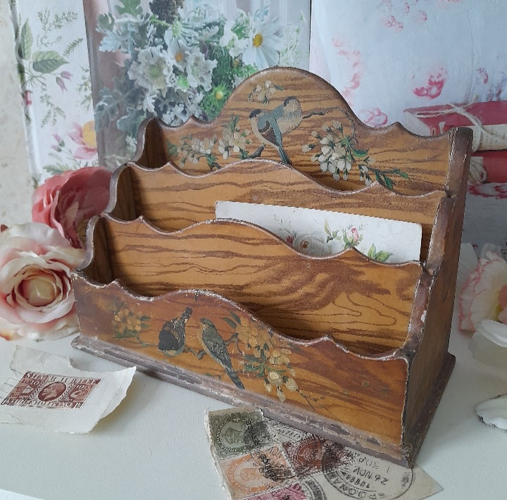 Vintage wooden letter rack painted flowers