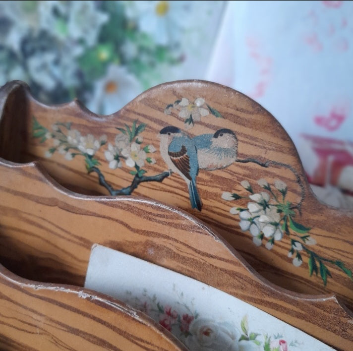 A Vintage Wooden Letter Rack With Bluebird Floral Design
