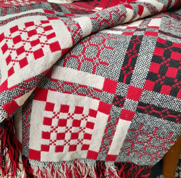 Vintage Red White & Black Welsh Blanket Large Double King Size