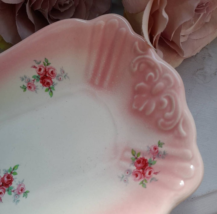 Pretty Antique BLAKENEY Long China Bathroom Tray With Pink Roses