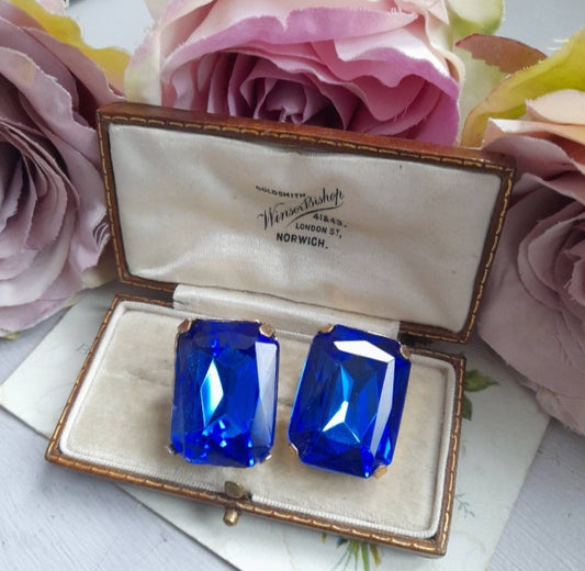 Art Deco Jewellery Blue Czech Glass Earrings Clip On
