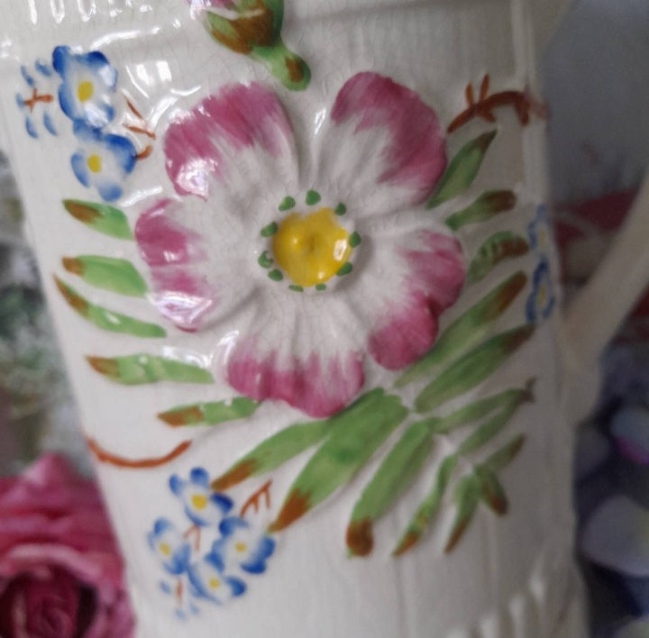 Pretty Victorian Cream Floral Relief Staffordshire Jug
