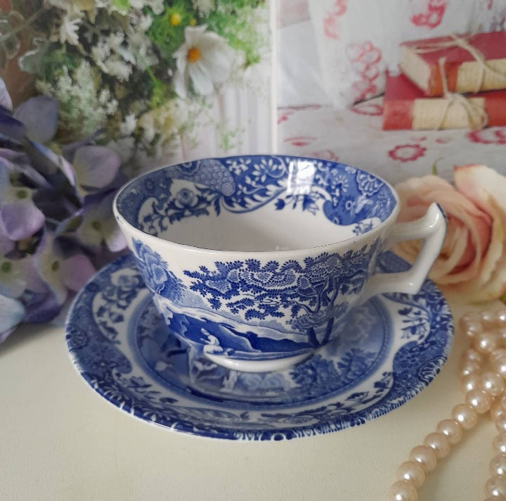 Vintage Spode Italian Blue White Large Tea Cup Saucer